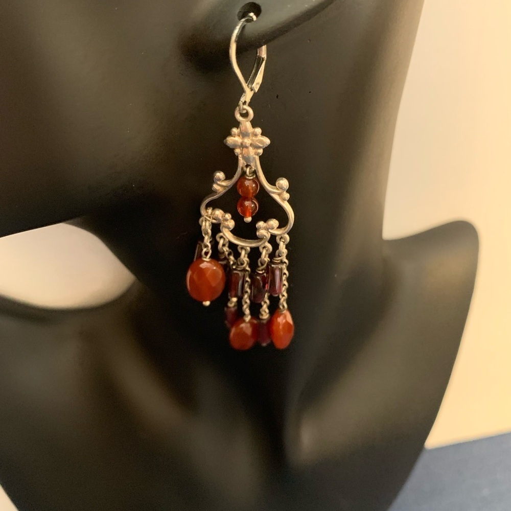 Sterling Silver Chandelier Earrings w/Stones in Burnt Orange & Deep Brown Shades